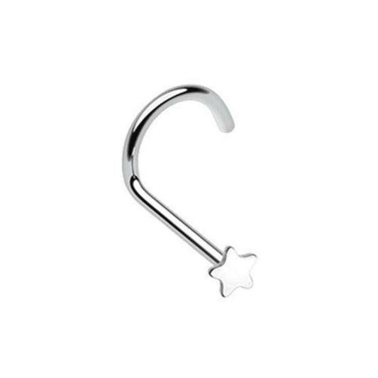 Nose Screw Ring with 5 Point Star Top 14Kt Solid White Gold 20 Gauge