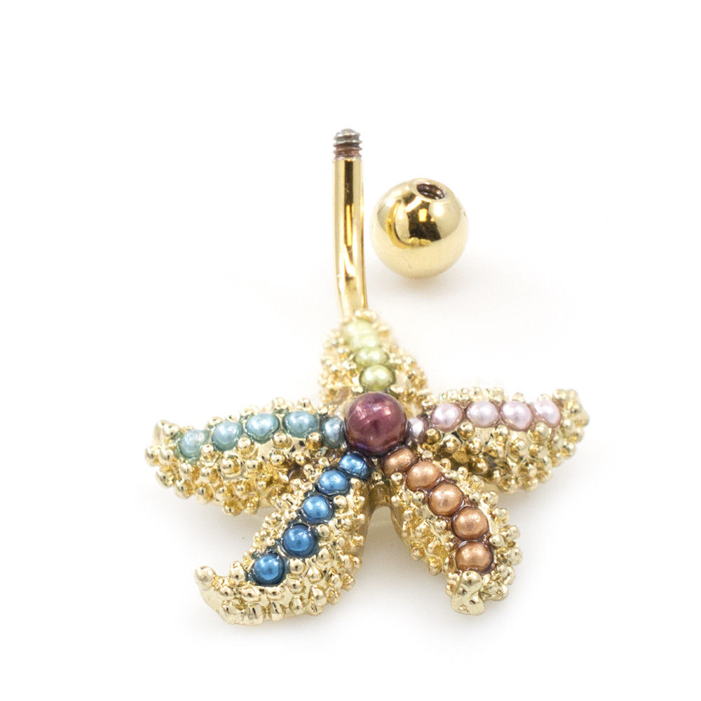 Belly Button Ring with Fancy Star Fish with Multicolored Faux Pearls 14G