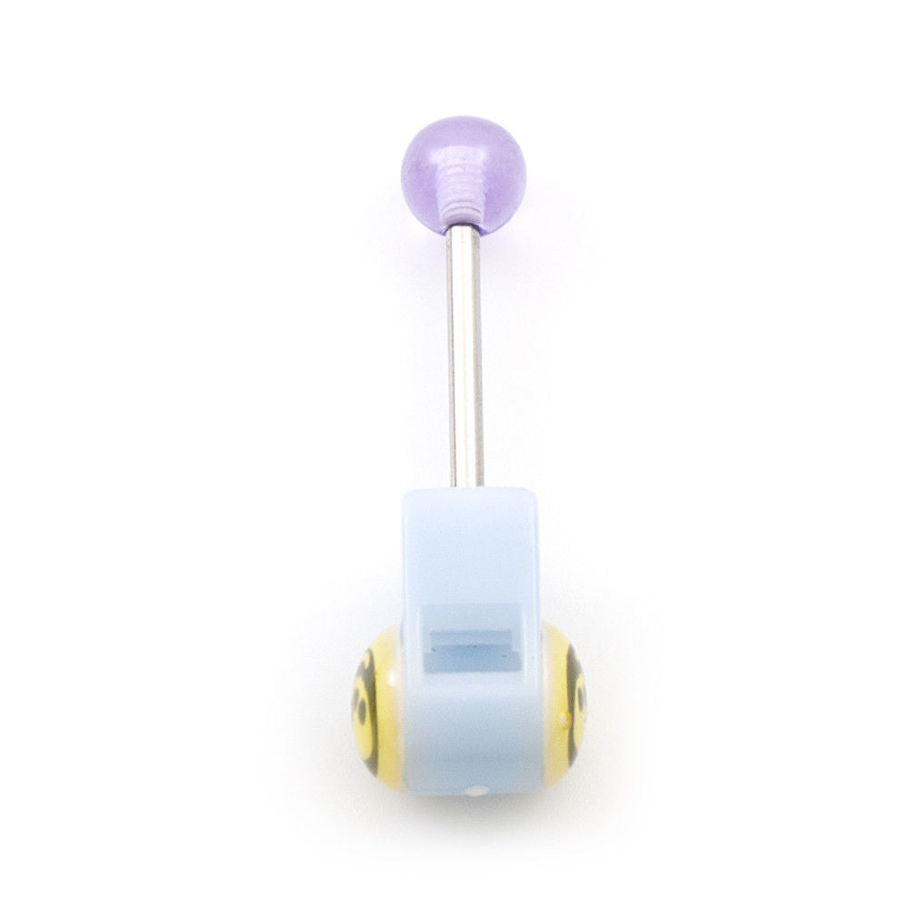 Tongue Barbell with Colorful Acrylic Whistle and Skull Design 14g