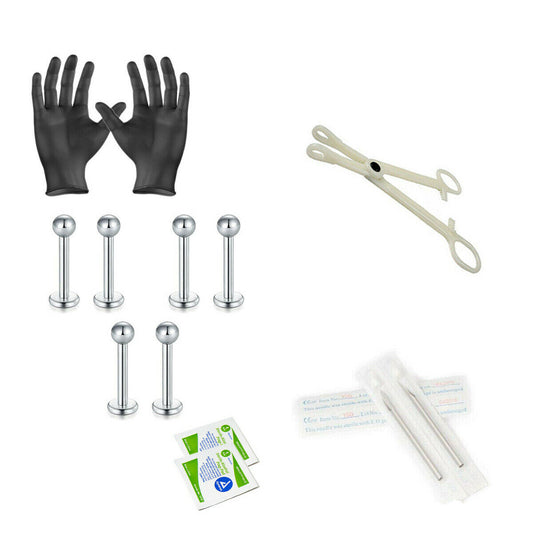 12-Piece Labret Lip Monroe Cartilage Piercing Kit - Includes (6) 16g Labret Lip Monroe Cartilage, (2) Needles, (1) Forceps, (2) Alcohol Wipes and a Pair of Gloves