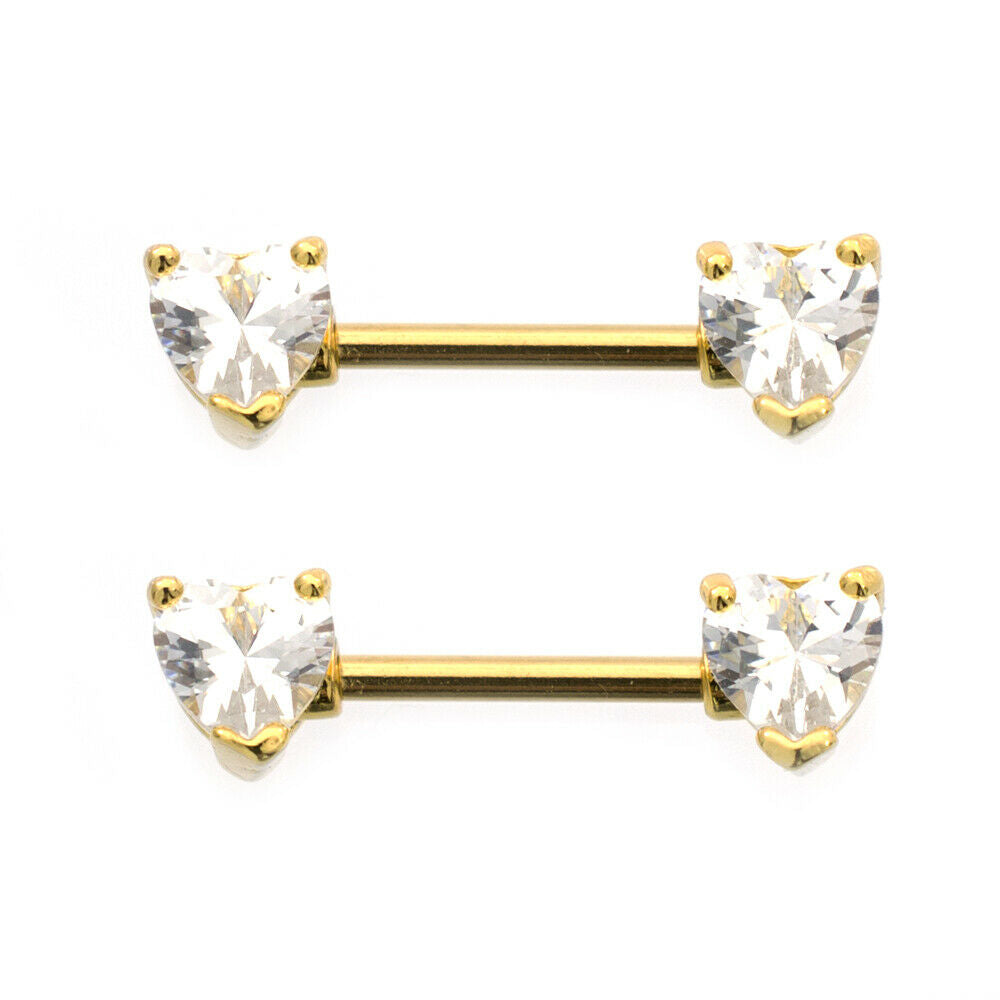Nipple Barbell with Heart shape Cubic Zirconia Gold IP 14g