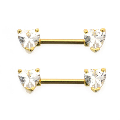 Nipple Barbell with Heart shape Cubic Zirconia Gold IP 14g