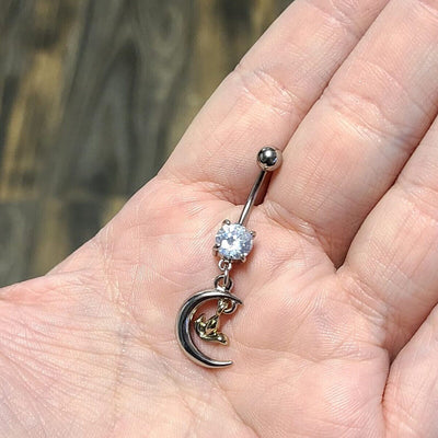 Belly Navel Dangle Clear CZ Gem Crescent Moon with Dove Bird Charm 14g