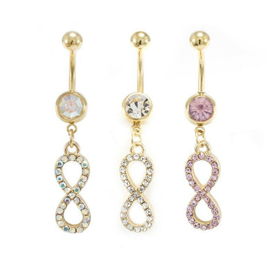 Infinity Belly Ring 14ga Gold I.P. Dangle Style CZ Gems 316L Surgical Steel