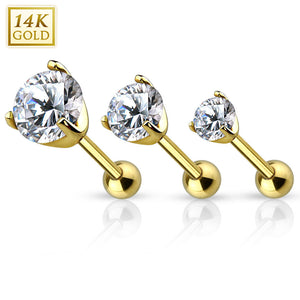 14K Solid Gold Cartilage Tragus Helix Daith Barbell Prong Set CZ Stud 16G 6MM