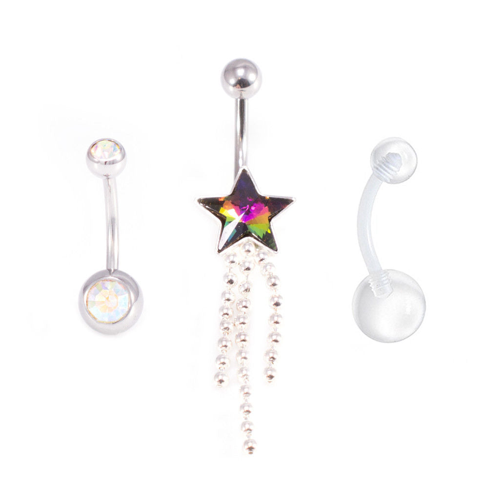 Belly Button Ring Package of 3 Navel Ring. Two with CZ Gems and a Retainer. 14G