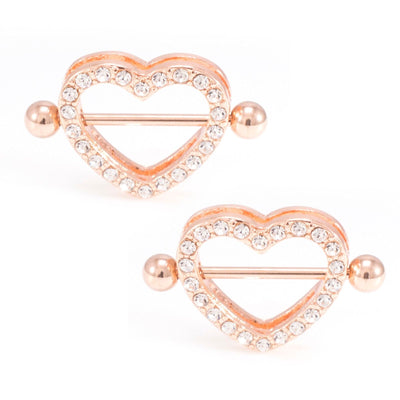 Pair of Heart Nipple Shield Ring 14G  Rose Gold I.P.  Barbell with CZ Gems