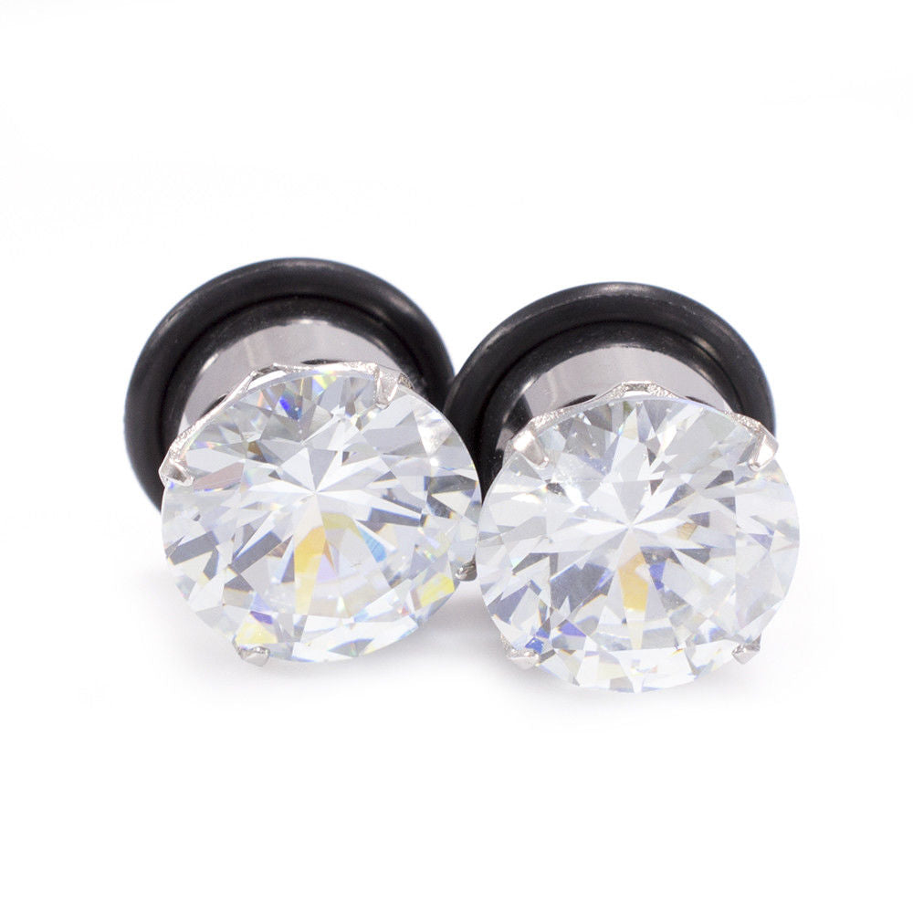 Pair of Ear Plugs with Clear Cubic Zirconia O ring Style, Surgical Steel