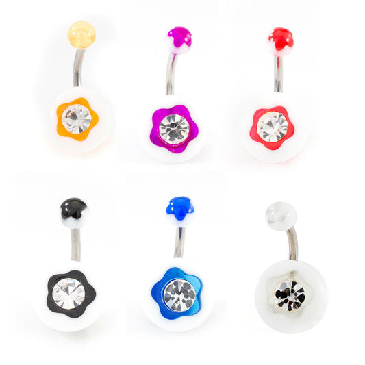 Belly Button Ring Pack of 6 with FLower Design and Cubic Zirconia Stone 14g