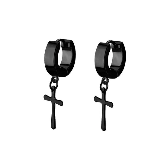 Earrings stainless steel PVD black plated huggie with a plain cross dangling