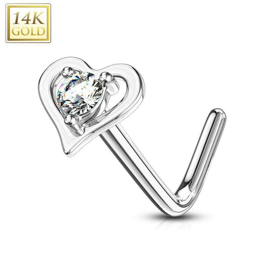 Nose Ring L-Bend with Prong Set Round CZ Center Hollow Heart 14Kt Solid Gold 20g
