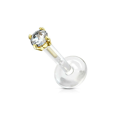 Labret Monroe with Cz Prong Set Design on Flex Shaft 14 Kt Solid Gold 16g