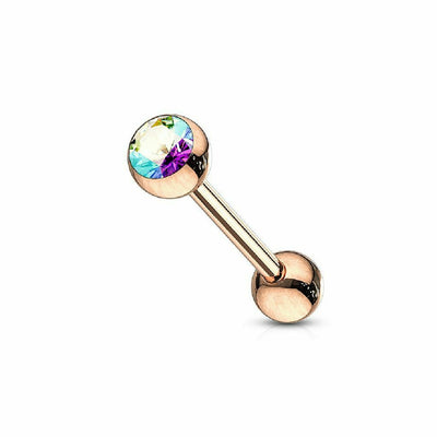 Tongue Barbell with Crystal Set Rose Gold IP Over Surgical Steel 14ga