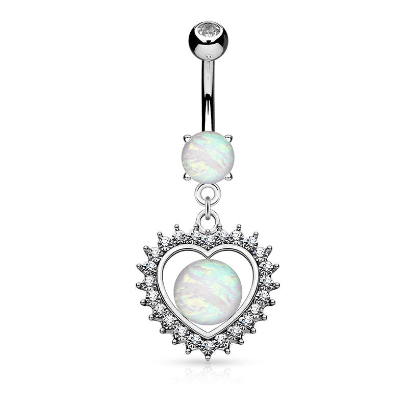 Paved CZ Heart Dangle 14ga Belly Ring with Opal Glitter Center