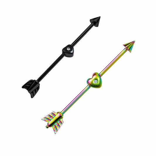 Arrow and Heart Anodized Titanium Industrial Barbell Black and Rainbow 14ga-2pc