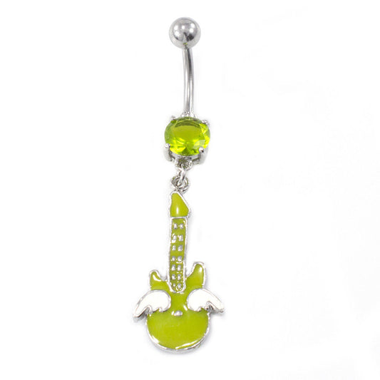 Belly Button Ring Guitar Dangle Design with Prong Cubic Zirconia 14g