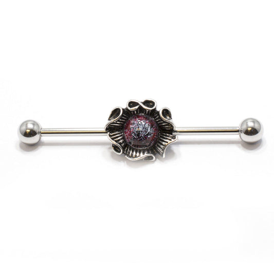 Flower Design 14ga Industrial Barbell with Burnished Silver Charm