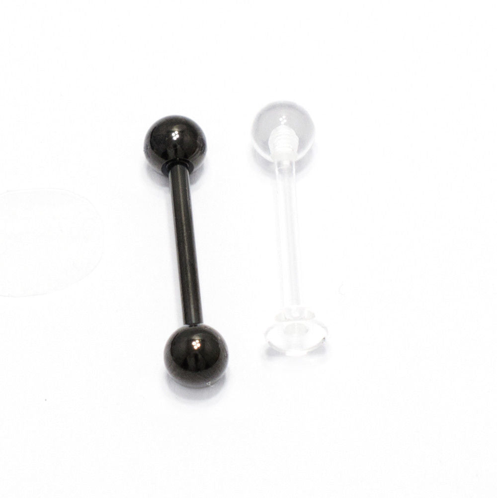 Tongue Rings Barbell Nipple 2pcs Surgical Steel Bar + Clear Retainer 14G 16mm