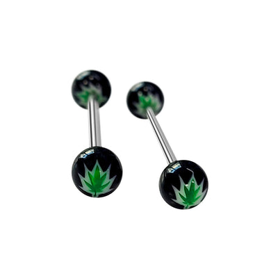 Pair of Tongue Nipple Barbells Acrylic Pot Leaf Design Surgical Steel 14 Gauge