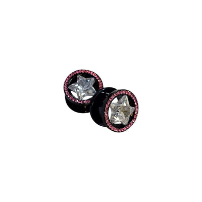Pair of Black Ion Plated Star with Pink CZ Ear Gauges Plugs Screw Fit