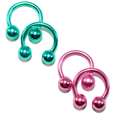 2 Pairs of Anodized Titanium 14G Horseshoe Circular Barbells Pink/Green