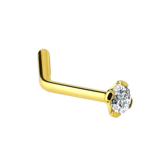Solid 14K Gold L-Shaped Nose Ring with Genuine 2mm Diamond