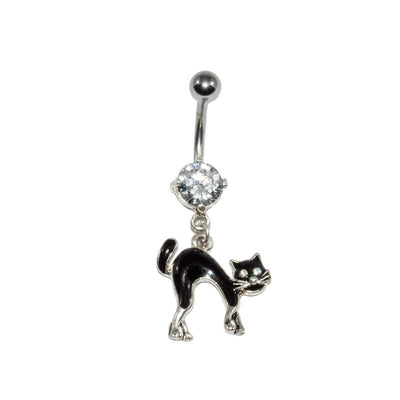 Shrieking Cat Design 14ga Belly Ring with CZ Gem