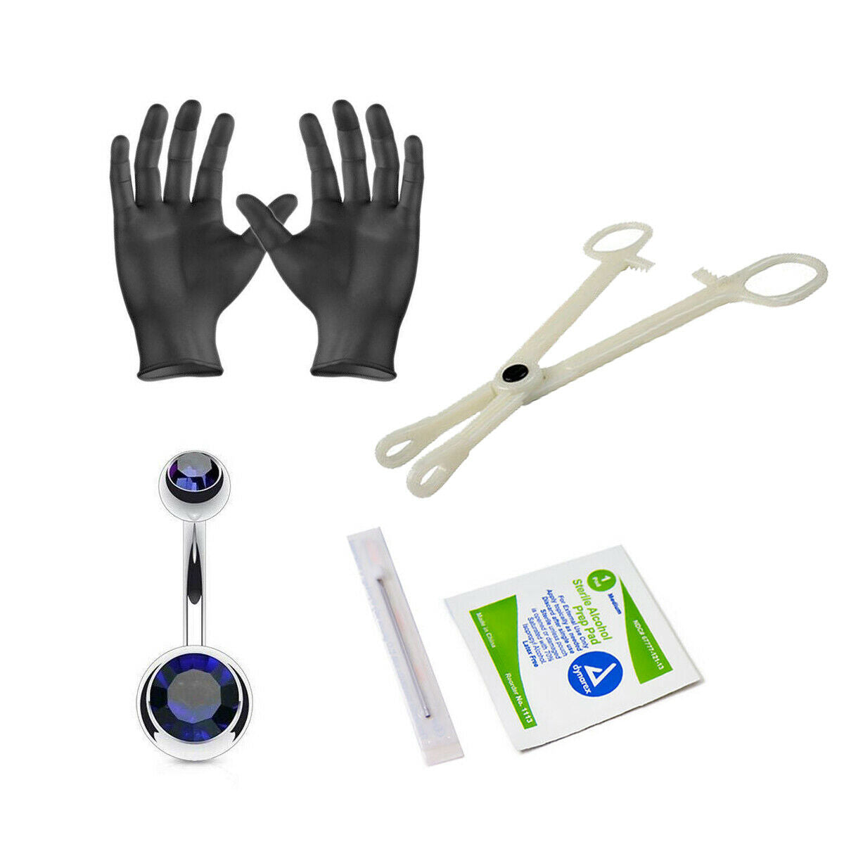 Body Piercing Kit Belly Ring 14 Gauge Clamps, Needles, Gloves And Jewelry