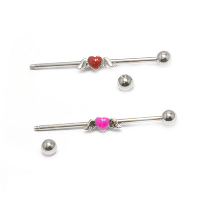 Industrial Piercing Barbell 14G with Red Heart and Angel Wings
