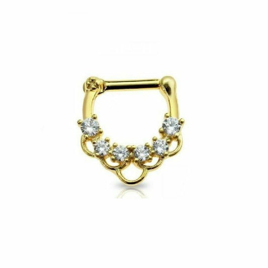 Septum Clicker Gold Plated with Multi Link Prong CZ Gem Hoop Surgical Steel 16ga