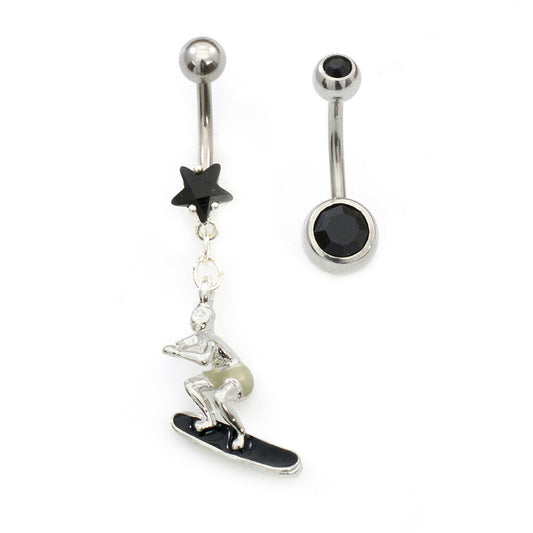 Pack of two Navel Ring with Surfer and Cubic Zirconia Star Design 14g