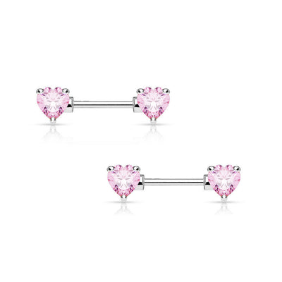 Pair of Double Heart Gem Nipple Rings Shields Barbells 14 Gauge 1/2" - 4 Colors