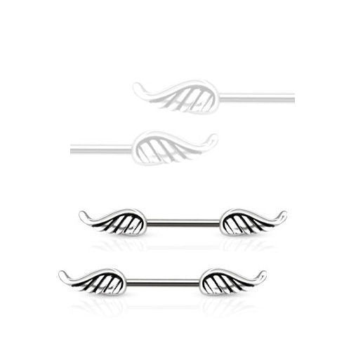 Pair of Angel Wings Shaped 14G Nipple Barbell Rings - 2 Colors Available