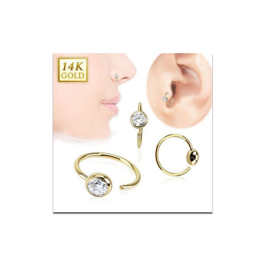 20ga Solid 14 Karat Yellow Gold Hoop Ring w/CZ Gem for Nose, Cartilage And Nose.