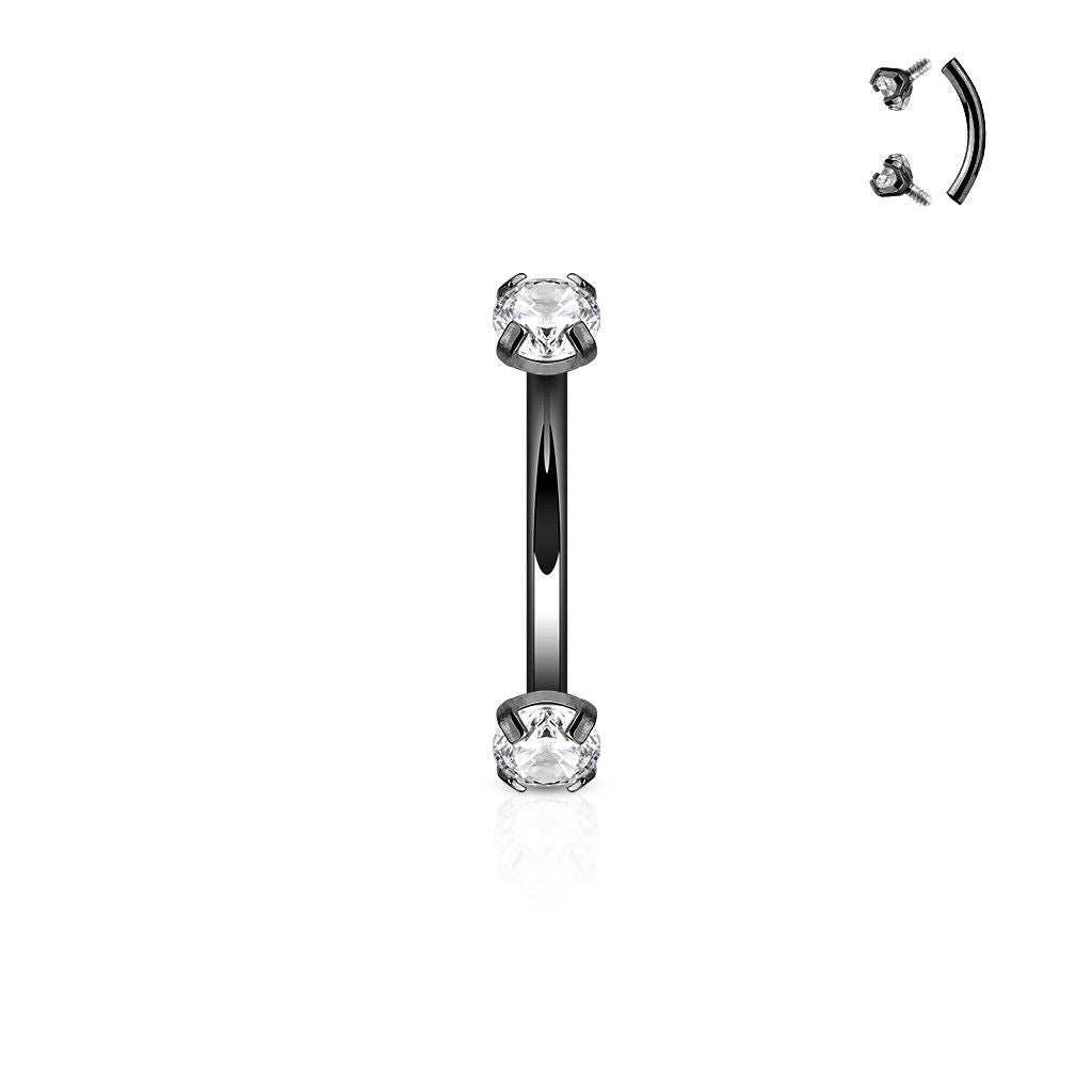 Eyebrow Ring Curved Steel Barbell Internally Threaded Prong Set Clear CZ 16G