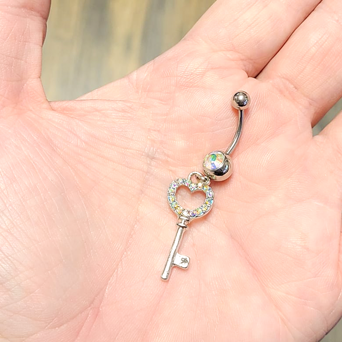 CZ Paved Heart Key Dangle Navel Belly Ring Surgical Steel 14g Sold individually