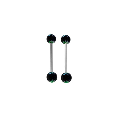 Pair of Tongue Nipple Barbells Acrylic Pot Leaf Design Surgical Steel 14 Gauge