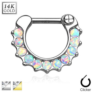 14K Gold Septum Clicker Opal Stone Paved Round Single Line
