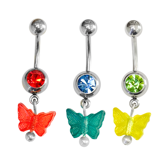 Belly Button ring surgical steel with dangle acrylic Butterfly