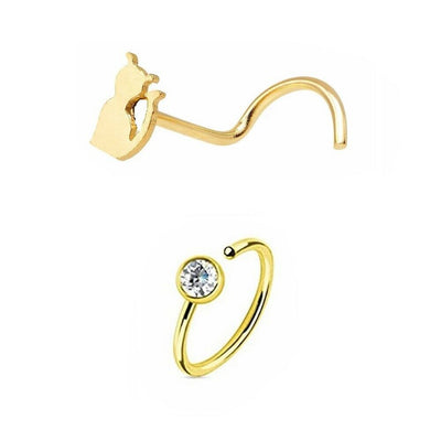 Nose Rings Pack of 2 Cat Design Nose Screw & Anodized Nose Hoop with CZ 20g S.S.