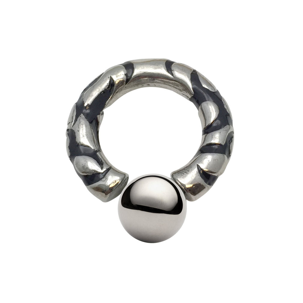Internal 0G Fixed Ball Ring with Tribal/Flame Black Enamel Design