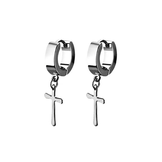 Earrings stainless steel mirror polished huggie with a steel cross dangling part