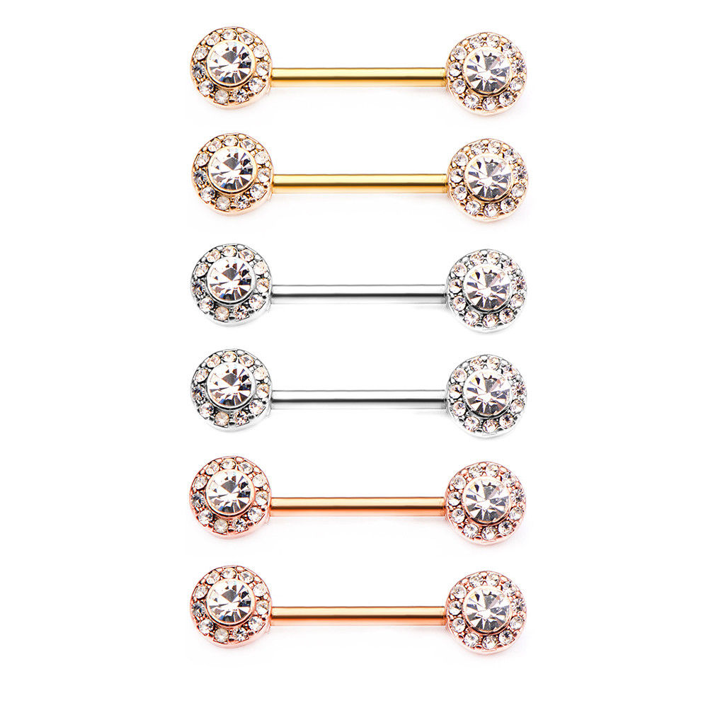 Pair of Nipple Barbells with Forward Facing Outrim Clear CZ