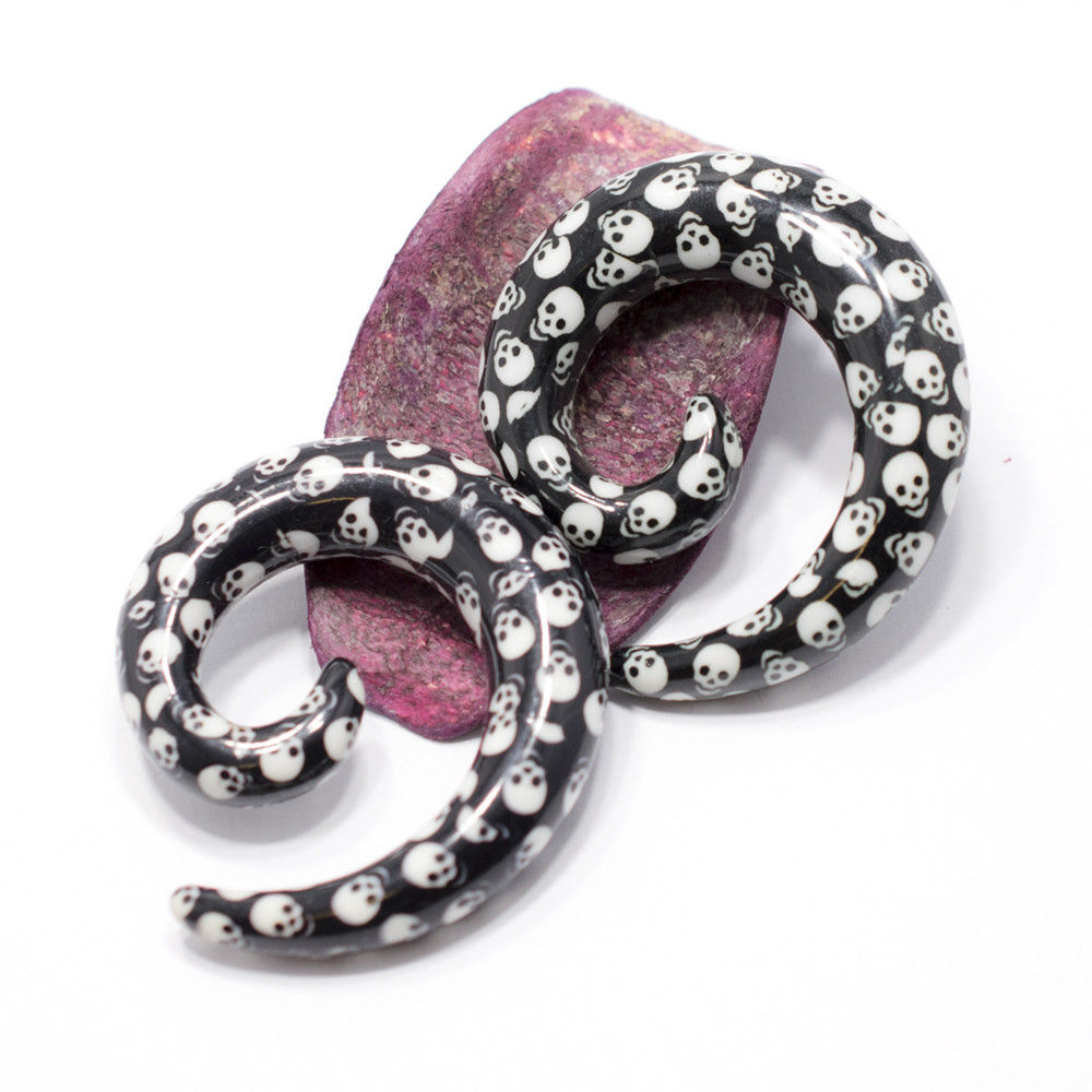 Black Spiral Tapers Ear Stretchers with Skull Design - 6 Sizes Available 8G-00G