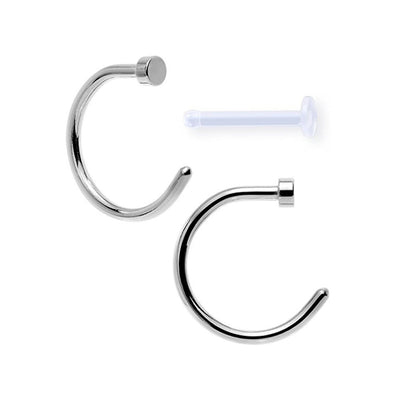 Pack of 2 Surgical Steel Nose Hoop Rings and a Nose Acrylic Retainer