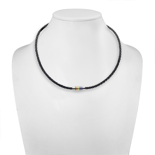 LGBTQ Pride Black Braided Leather Necklace with Magnetic Rainbow Striped Closure
