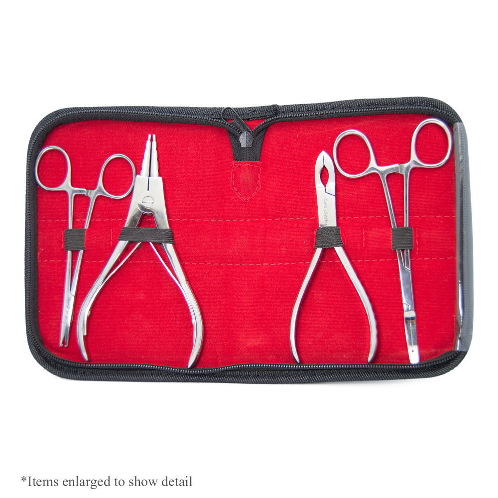 Dermal Piercing and Ring Pliers Kit - 2 Dermal Forceps and 2 Ring Pliers + Pouch