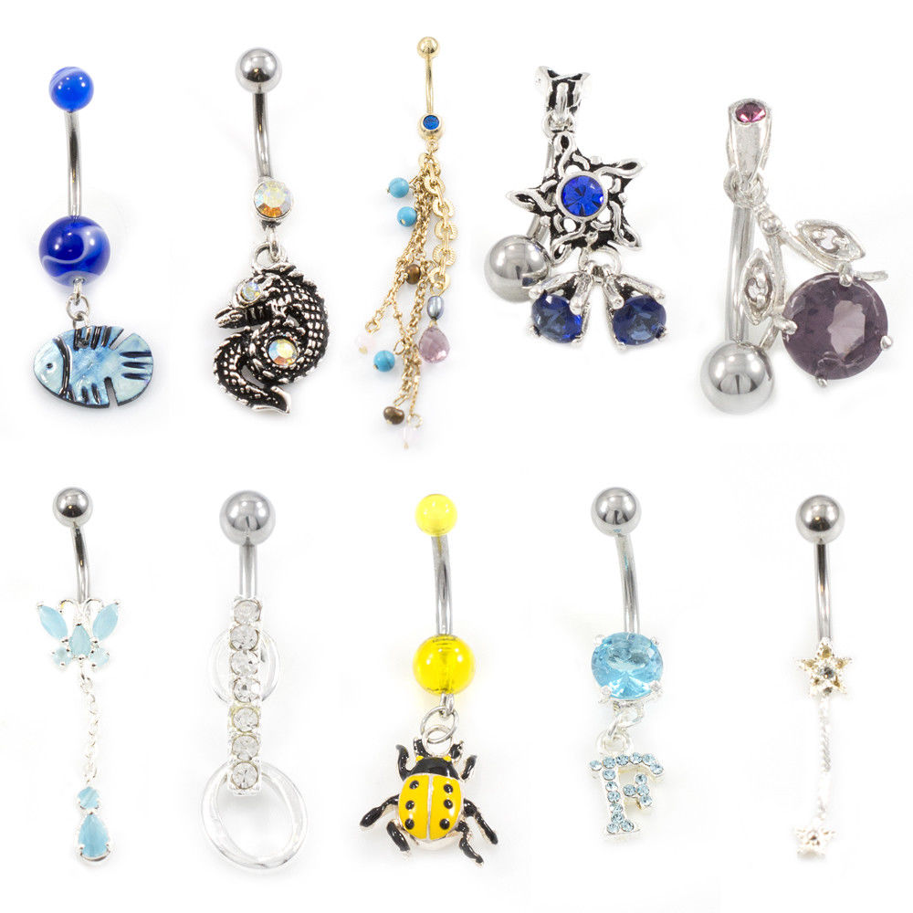 Belly Button Ring fun fest pack of 10 Navel Rings with unique Designs 14g