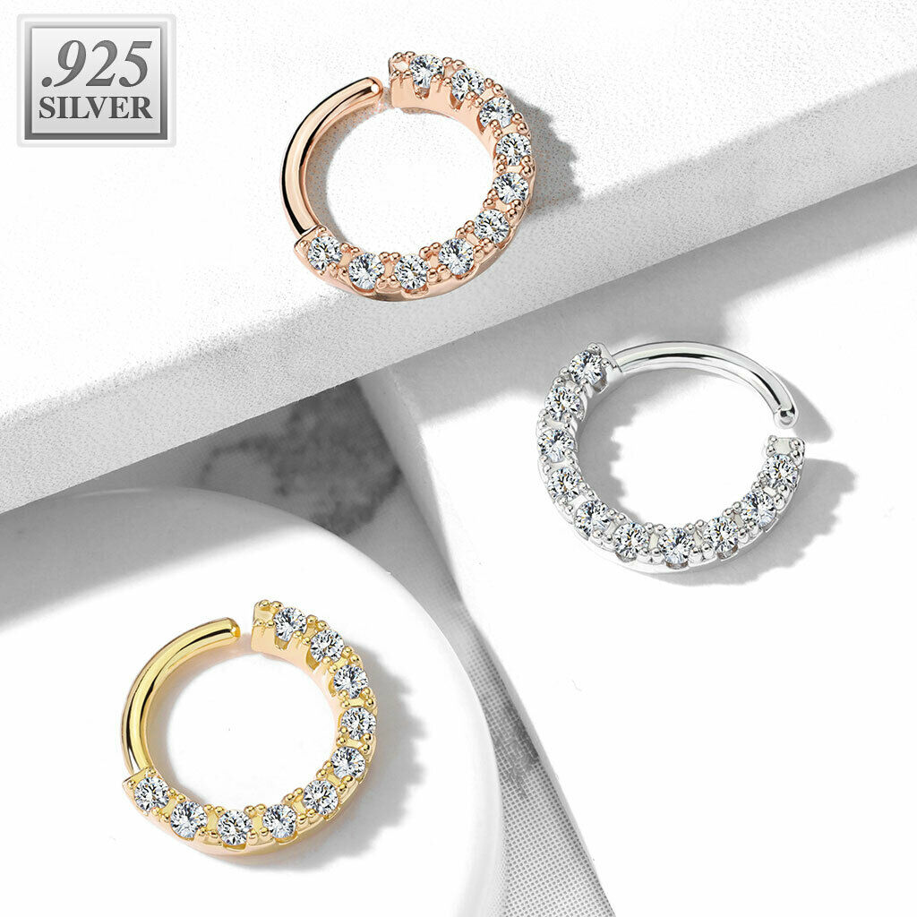 Septum Cartilage Hoop Bendable Ring With 10 Lined CZ Sterling Silver 16ga