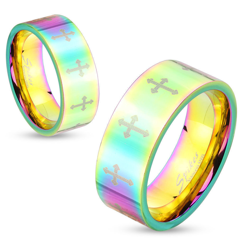 Stainless Steel Rainbow Hued Cross Pattern Band Couple Wedding Ring